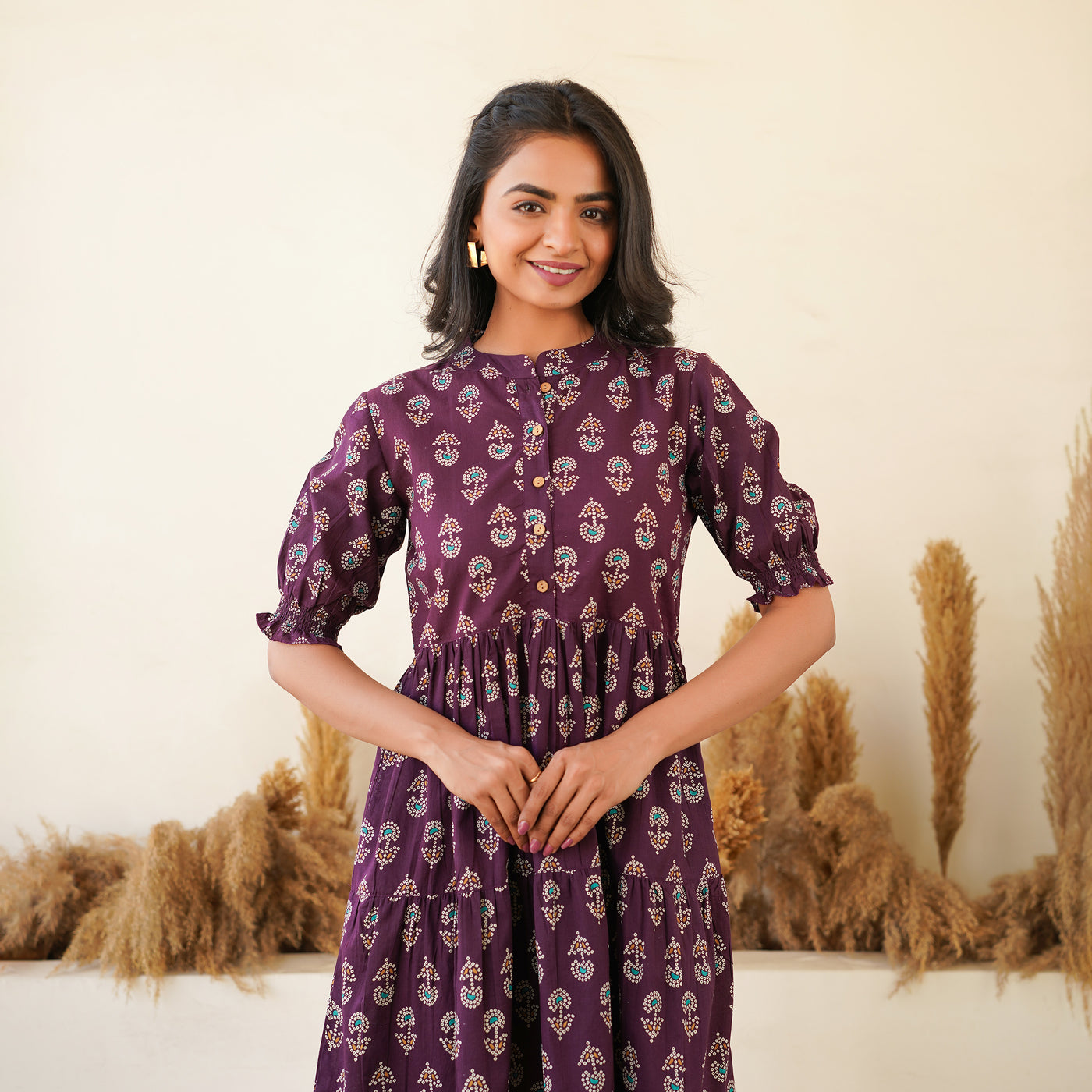 'Bandhej on Purple' Mom and Daughter Tiered Cotton Dresses