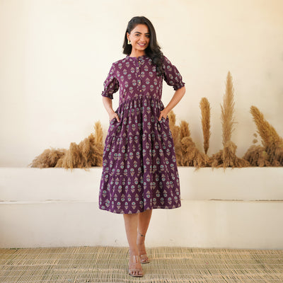 'Bandhej on Purple' 3-Tiered Cotton Midi Dress with Pockets