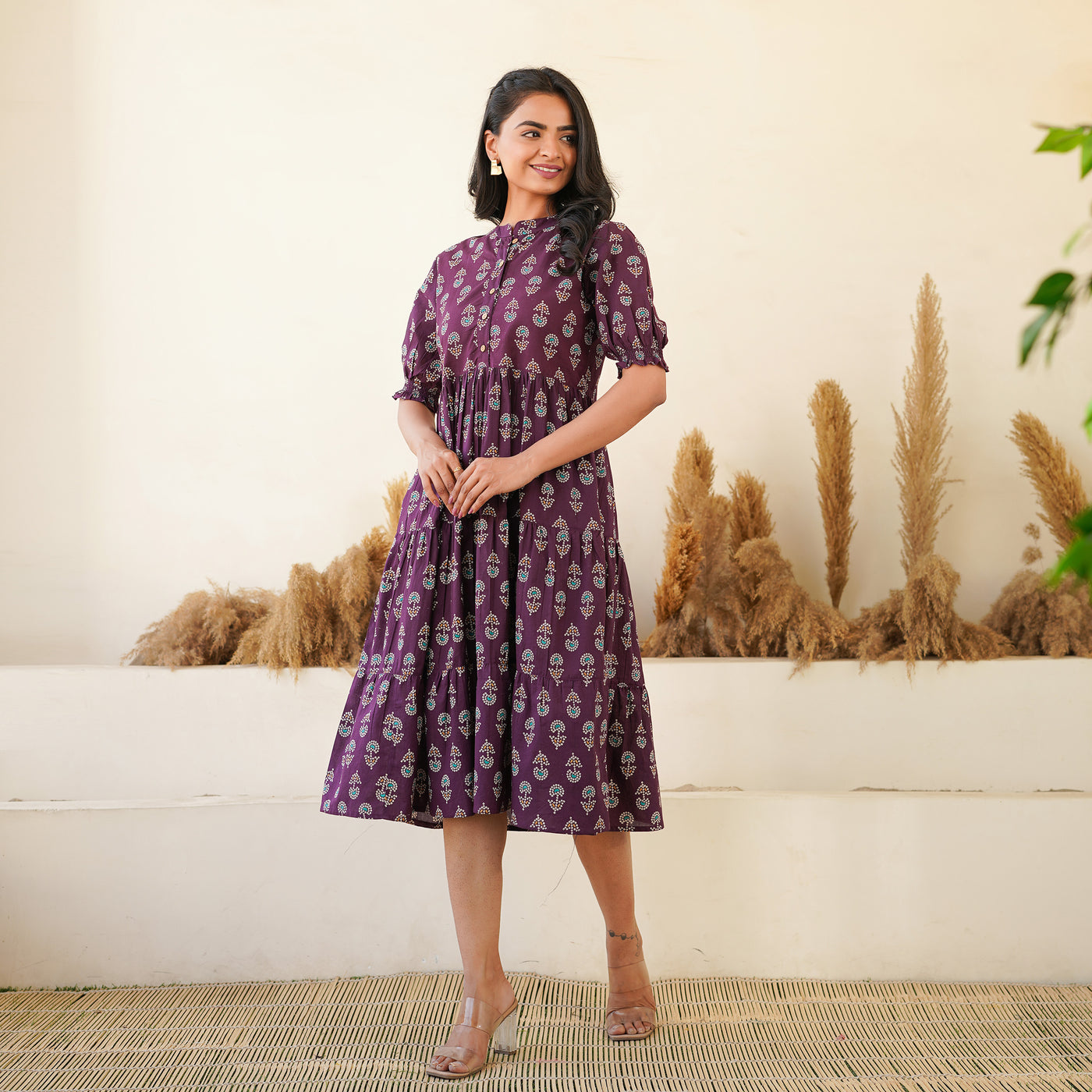 'Bandhej on Purple' Mom and Daughter Tiered Cotton Dresses