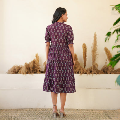 'Bandhej on Purple' 3-Tiered Cotton Midi Dress with Pockets