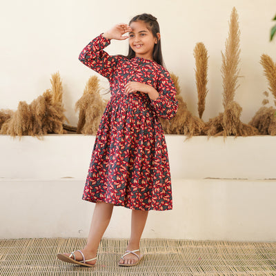 Black Floral Meadow Girl's Cotton Dress