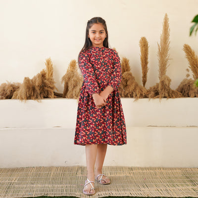 'Black Floral Meadow' Mom and Daughter Cotton Dresses