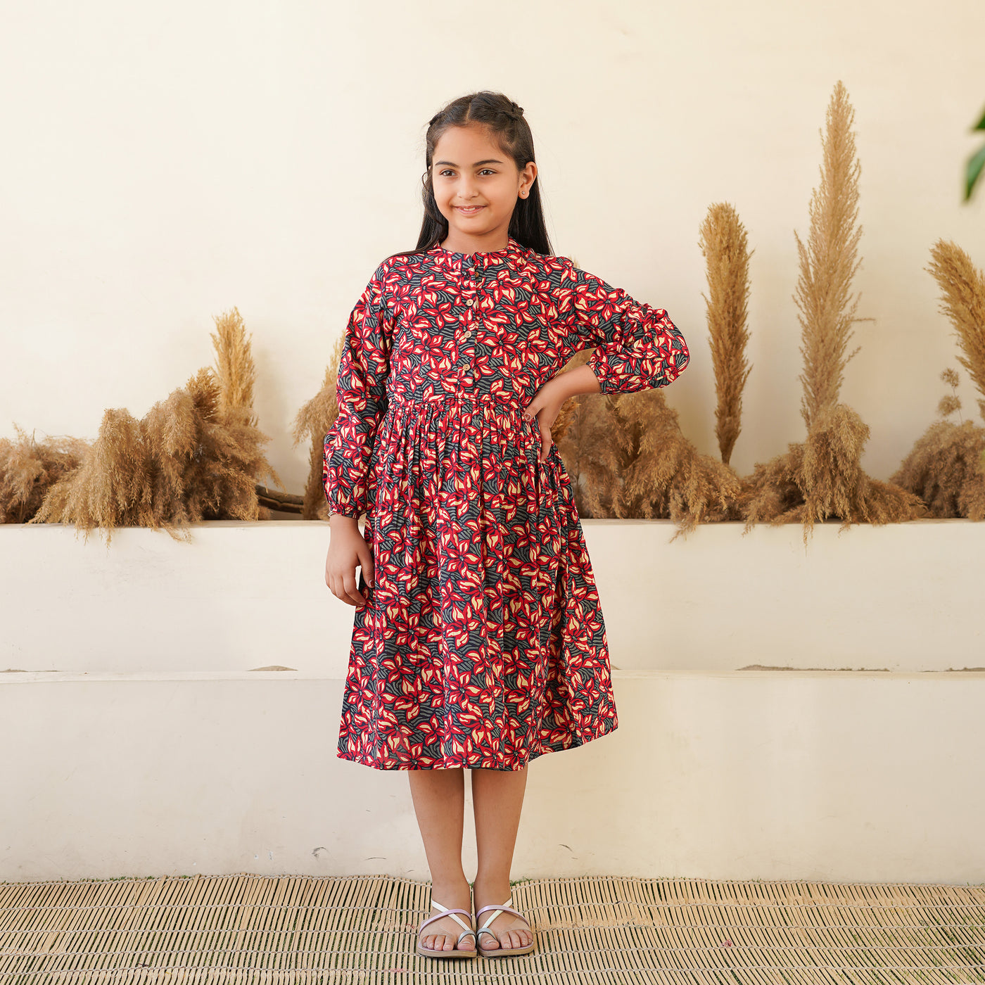 Black Floral Meadow Girl's Cotton Dress