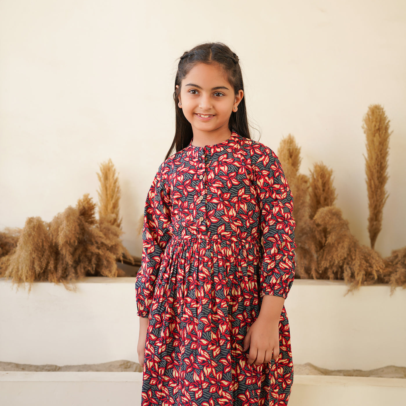 Black Floral Meadow Girl's Cotton Dress