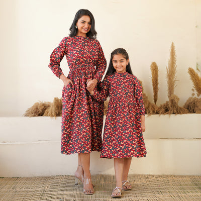 'Black Floral Meadow' Mom and Daughter Cotton Dresses