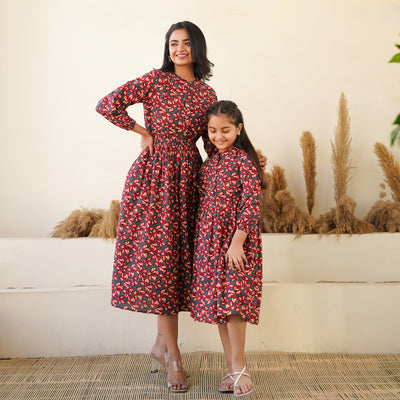 'Black Floral Meadow' Mom and Daughter Cotton Dresses