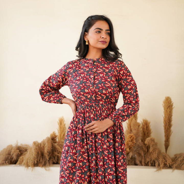 'Black Floral Meadow' Cotton Midi Dress with Pockets