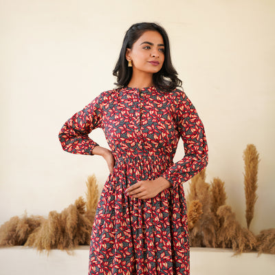 'Black Floral Meadow' Cotton Midi Dress with Pockets