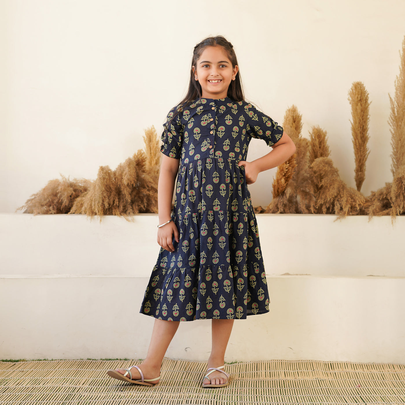 'Bandhej on Black' Mom and Daughter Tiered Cotton Dresses