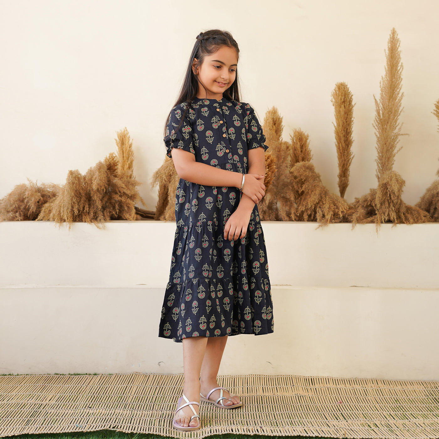 'Bandhej on Black' Mom and Daughter Tiered Cotton Dresses