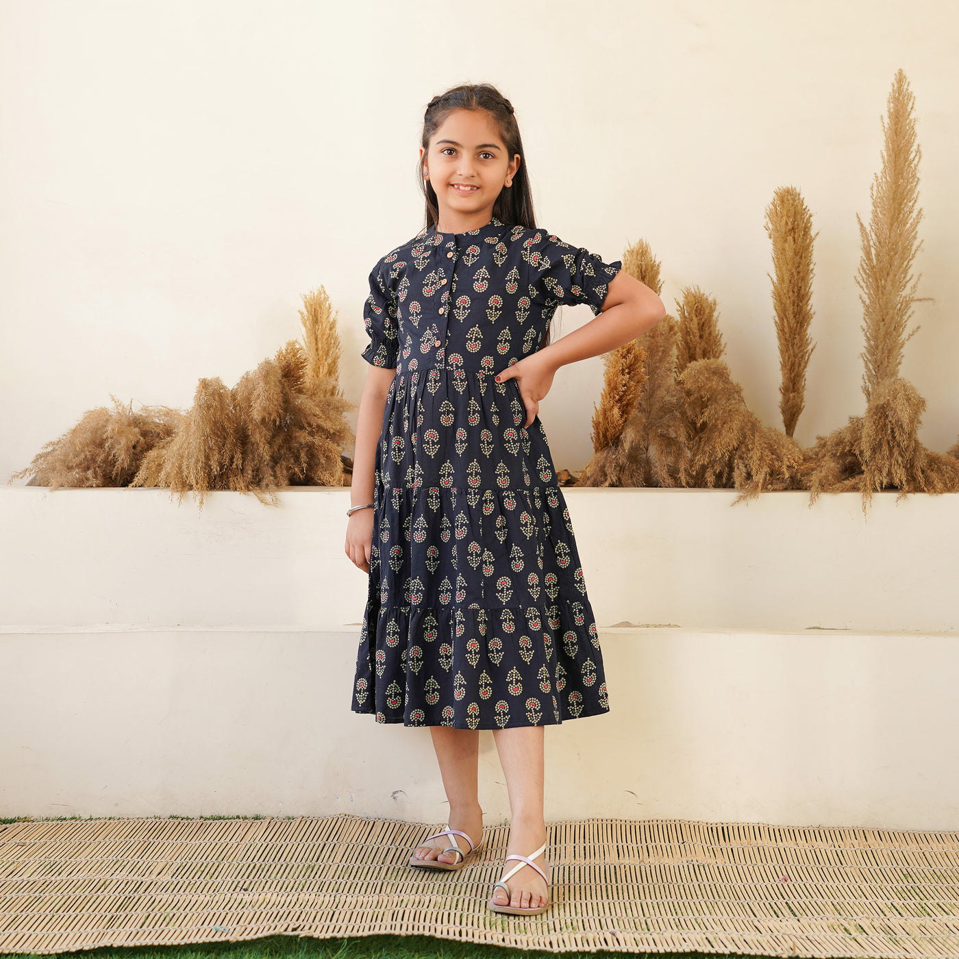 'Bandhej on Black' 3-Tiered Girl's Cotton Dress