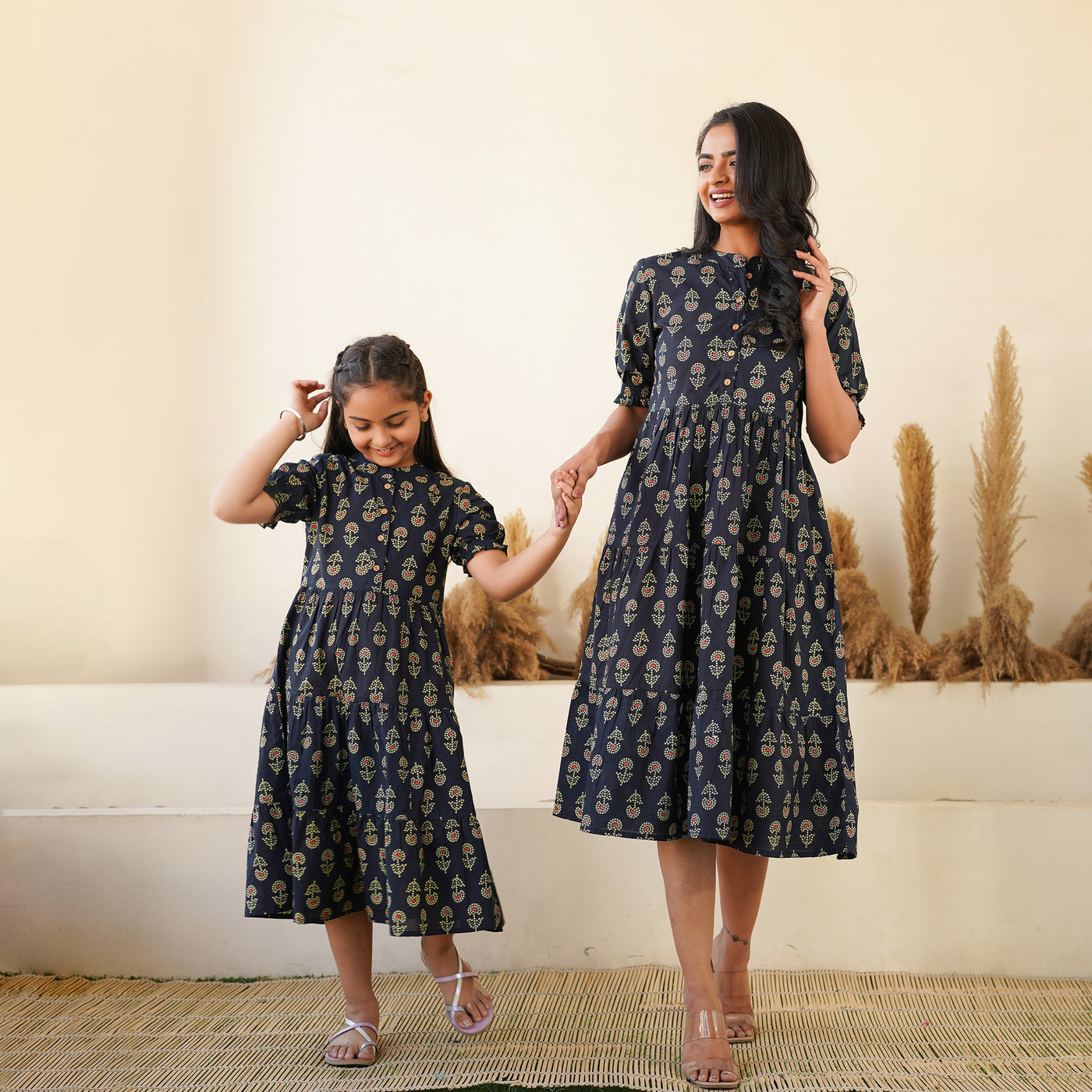 'Bandhej on Black' Mom and Daughter Tiered Cotton Dresses