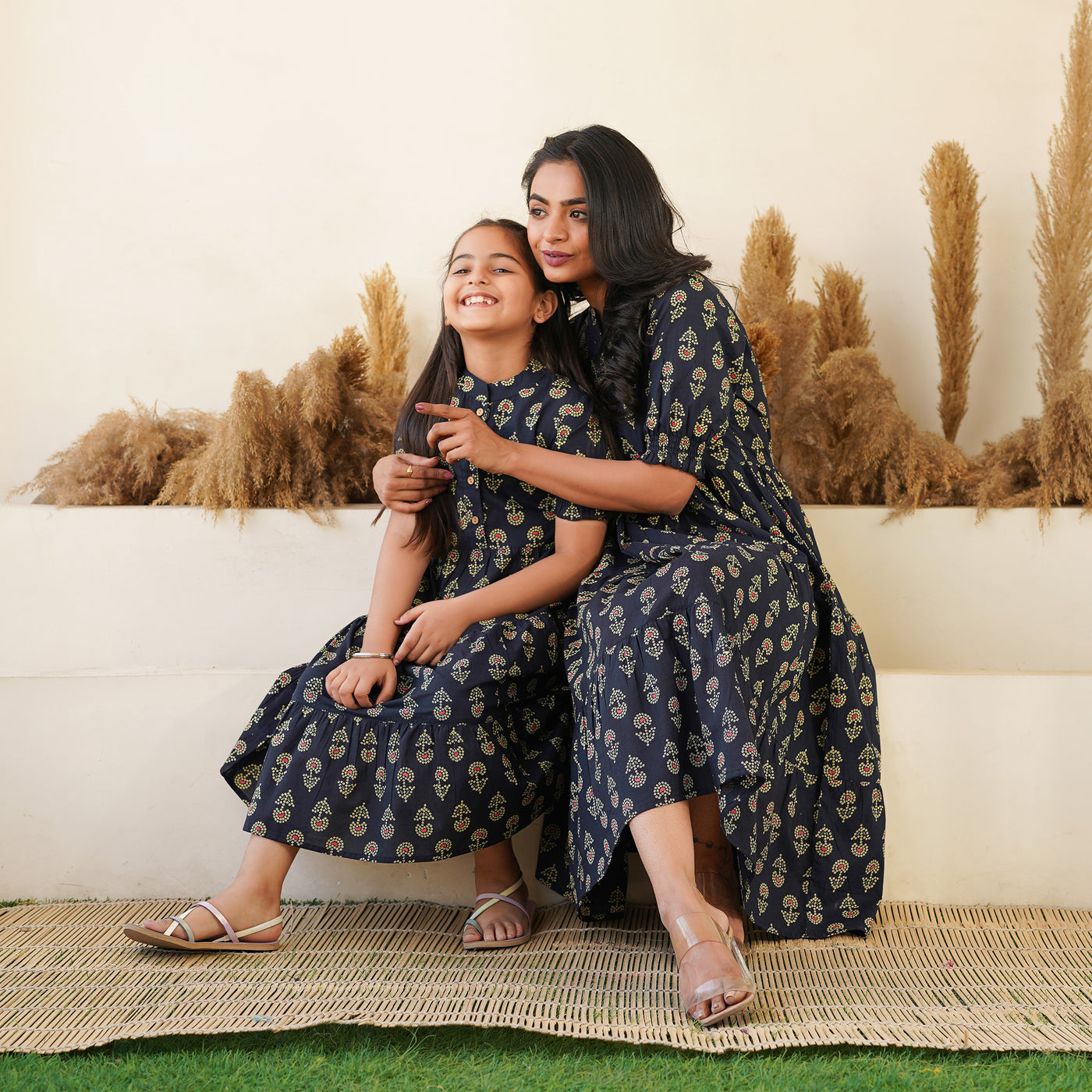 'Bandhej on Black' Mom and Daughter Tiered Cotton Dresses