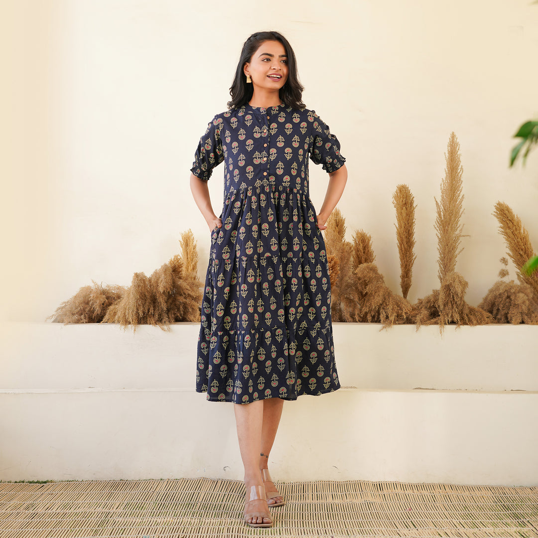 'Bandhej on Black' Mom and Daughter Tiered Cotton Dresses