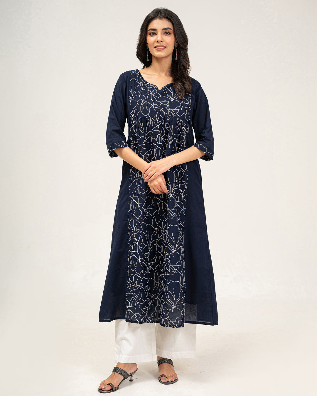 Navy Blue Embroidered Pure Cotton Kurta