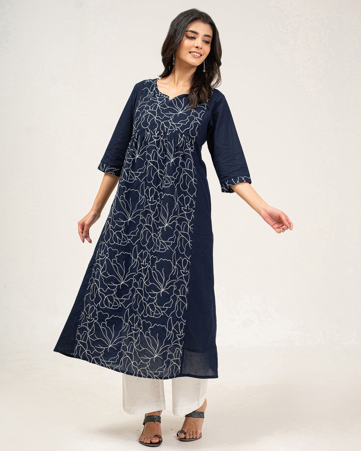 Navy Blue Embroidered Pure Cotton Kurta