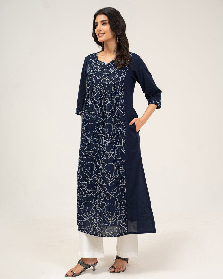 Navy Blue Embroidered Pure Cotton Kurta