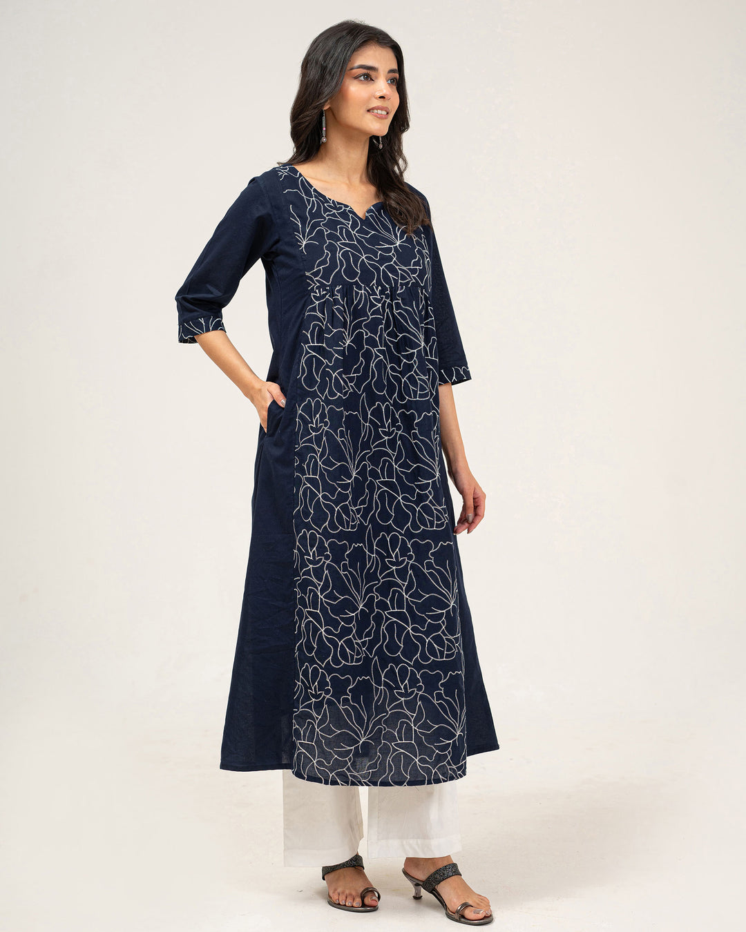 Navy Blue Embroidered Pure Cotton Kurta