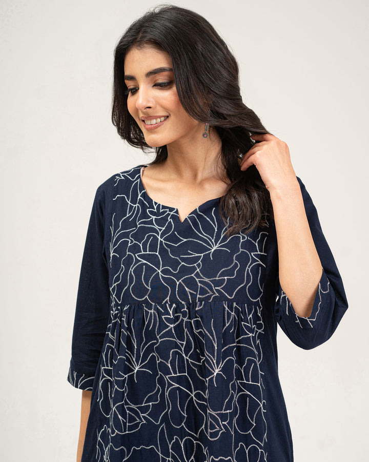 Navy Blue Embroidered Pure Cotton Kurta
