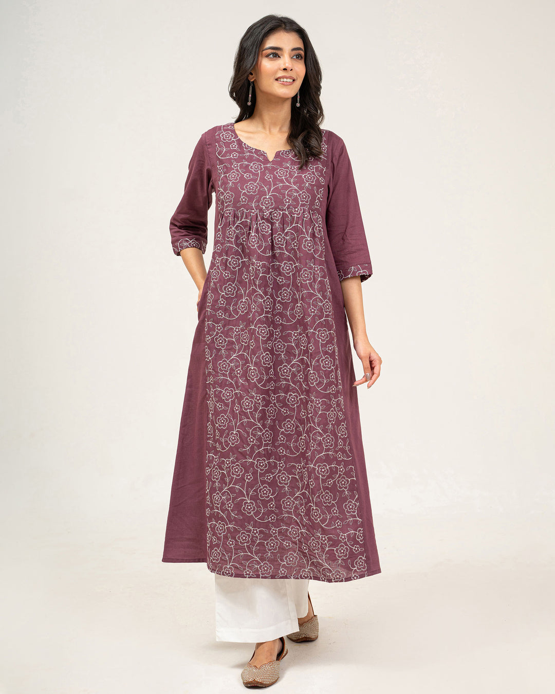 Mauve Embroidered Pure Cotton Kurta