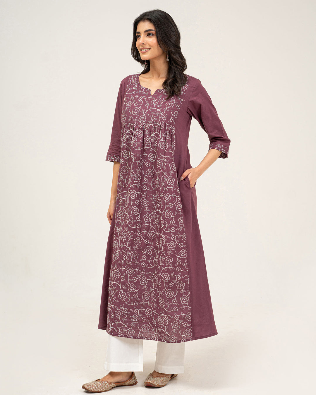 Mauve Embroidered Pure Cotton Kurta