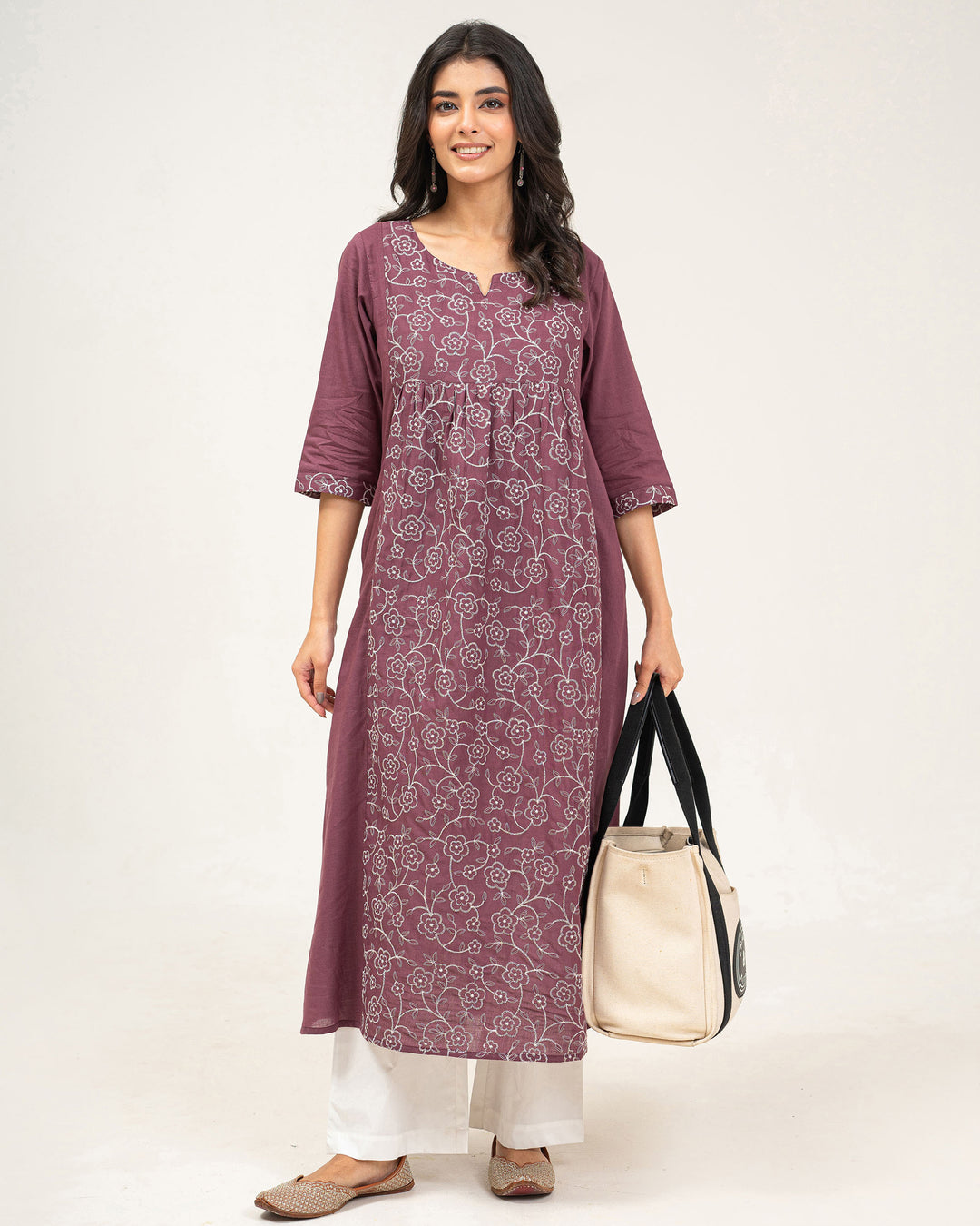 Mauve Embroidered Pure Cotton Kurta