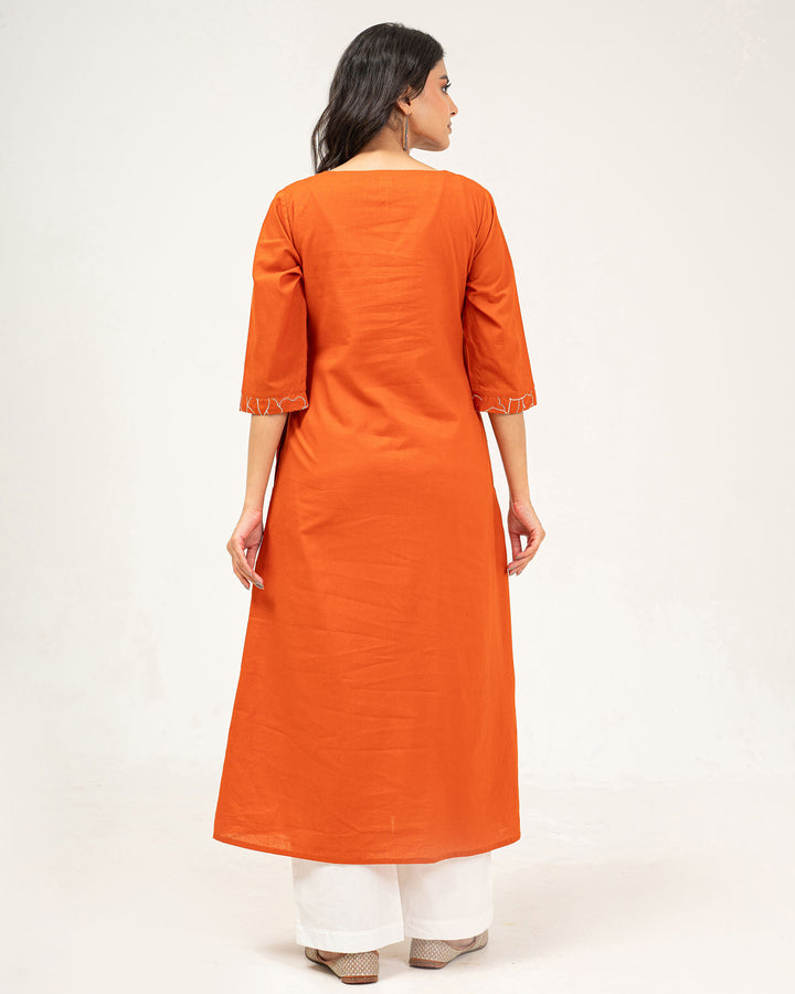Orange Embroidered Pure Cotton Kurta