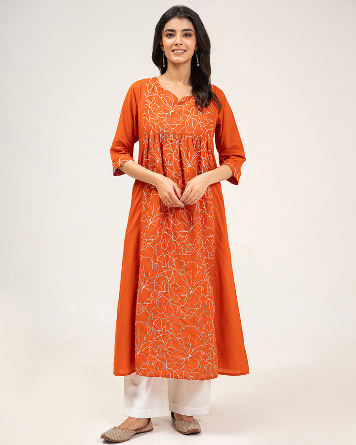 Orange Embroidered Pure Cotton Kurta