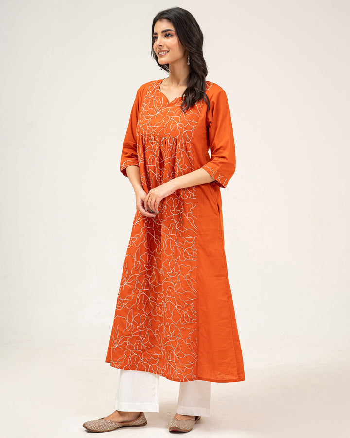 Orange Embroidered Pure Cotton Kurta