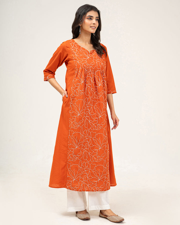 Orange Embroidered Pure Cotton Kurta