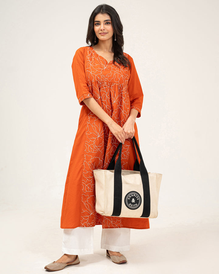 Orange Embroidered Pure Cotton Kurta