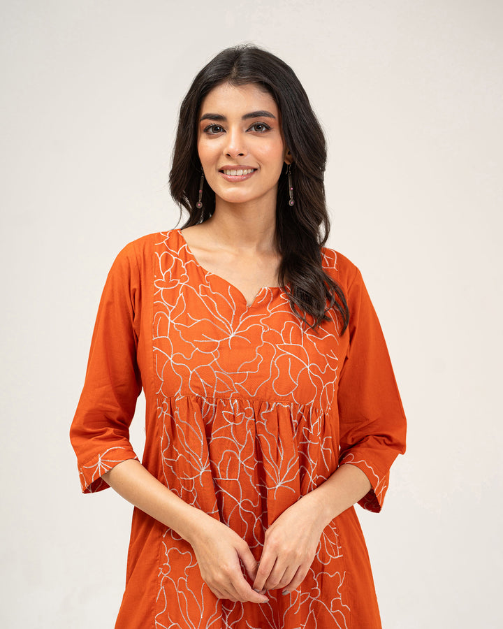 Orange Embroidered Pure Cotton Kurta