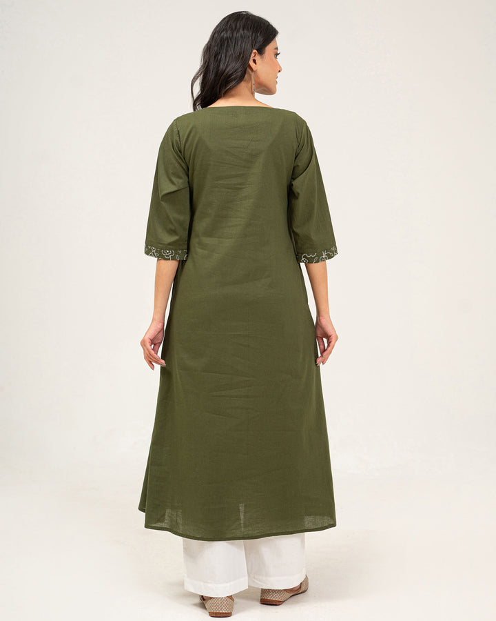 Olive Green Embroidered Pure Cotton Kurta