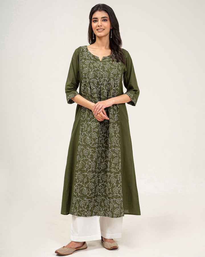 Olive Green Embroidered Pure Cotton Kurta