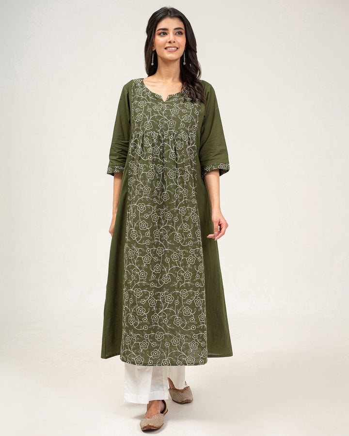 Olive Green Embroidered Pure Cotton Kurta