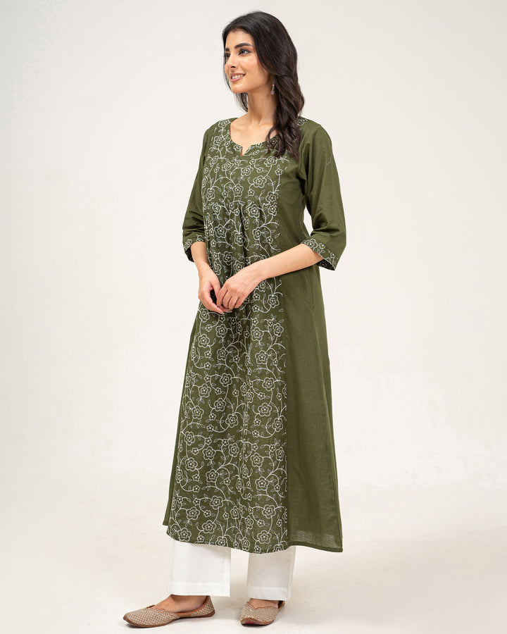 Olive Green Embroidered Pure Cotton Kurta
