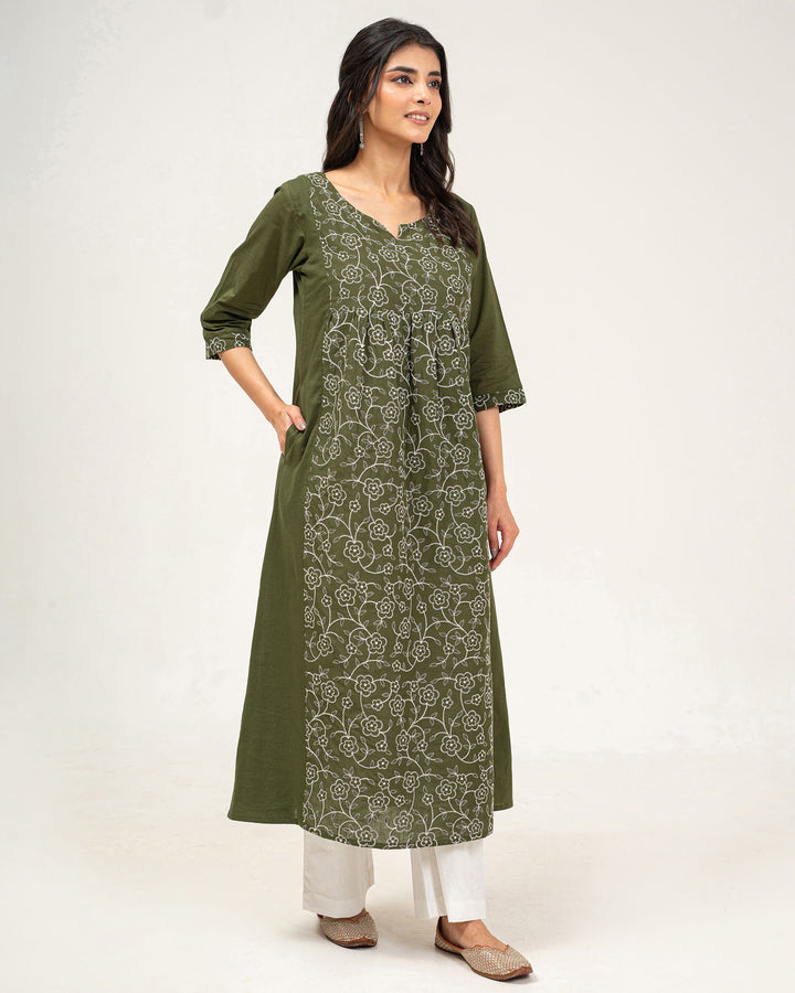 Olive Green Embroidered Pure Cotton Kurta