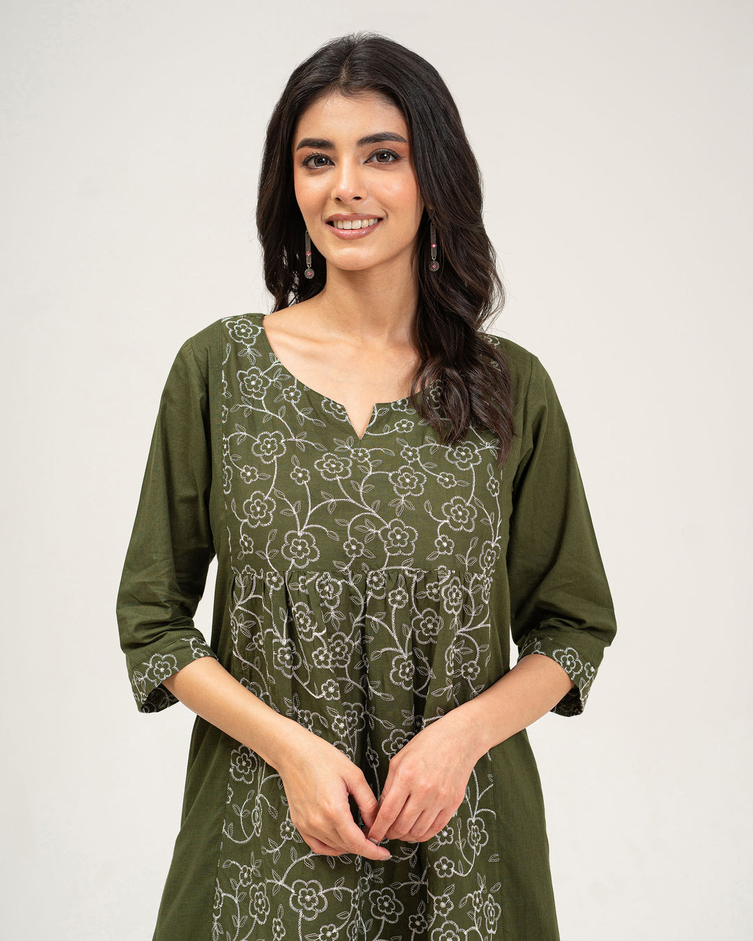 Olive Green Embroidered Pure Cotton Kurta