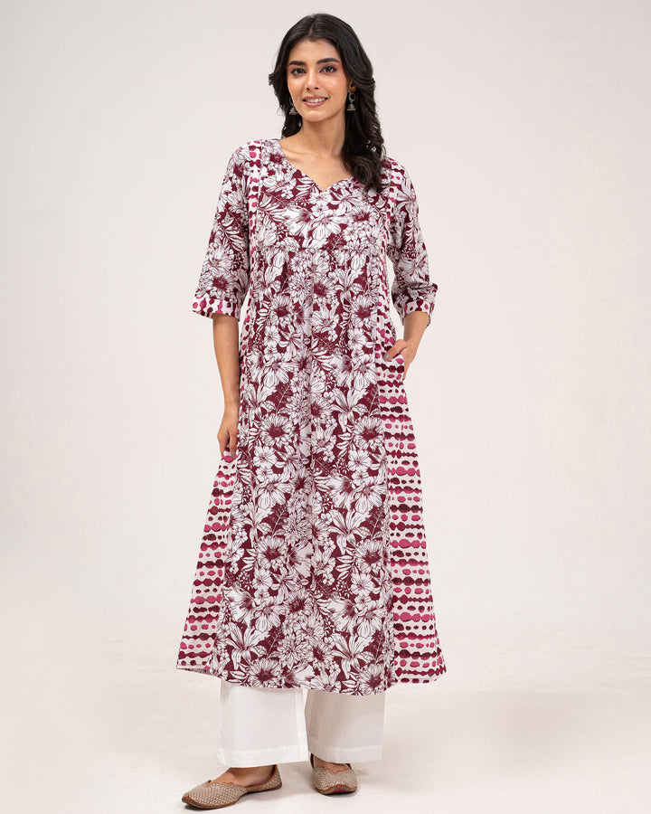 Maroon Floral Print Pure Cotton Kurta