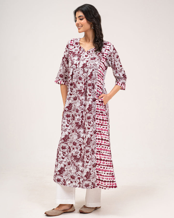 Maroon Floral Print Pure Cotton Kurta