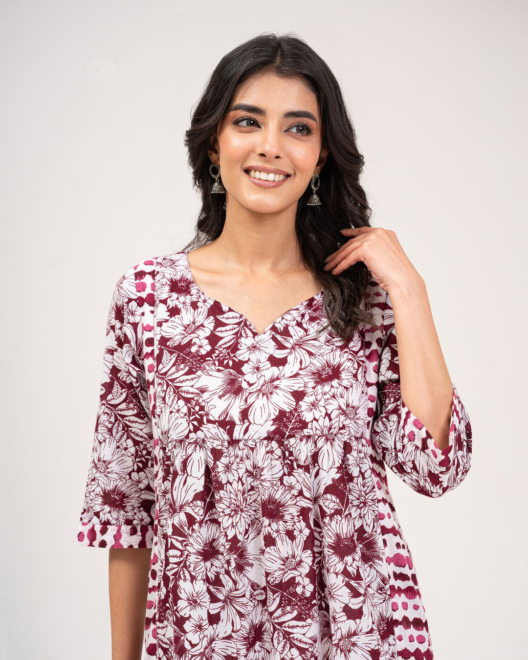 Maroon Floral Print Pure Cotton Kurta