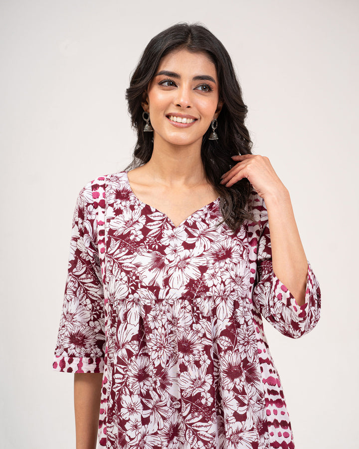 Maroon Floral Print Pure Cotton Kurta