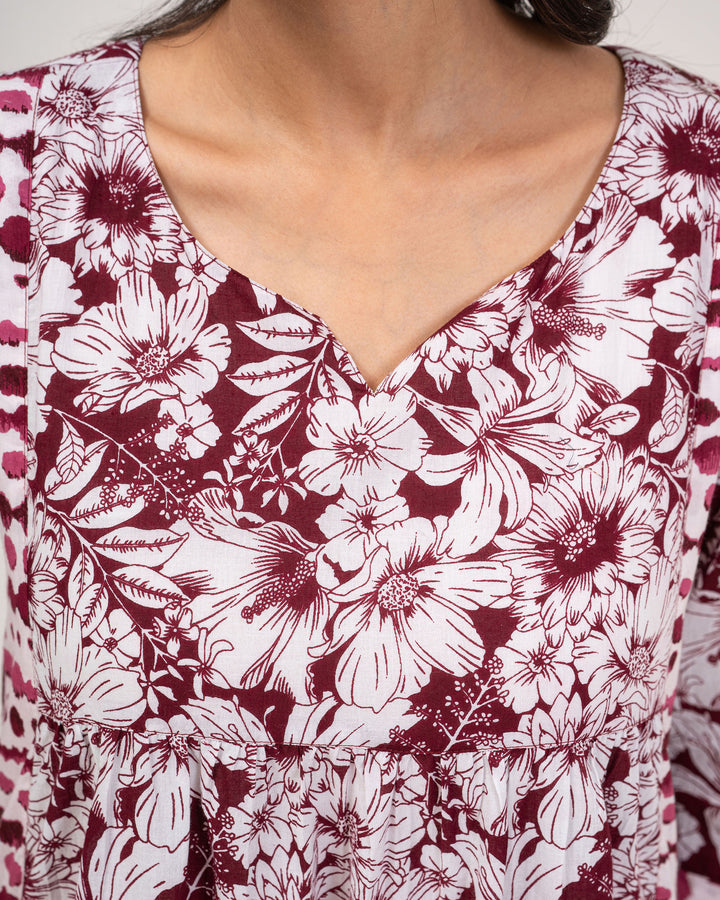 Maroon Floral Print Pure Cotton Kurta
