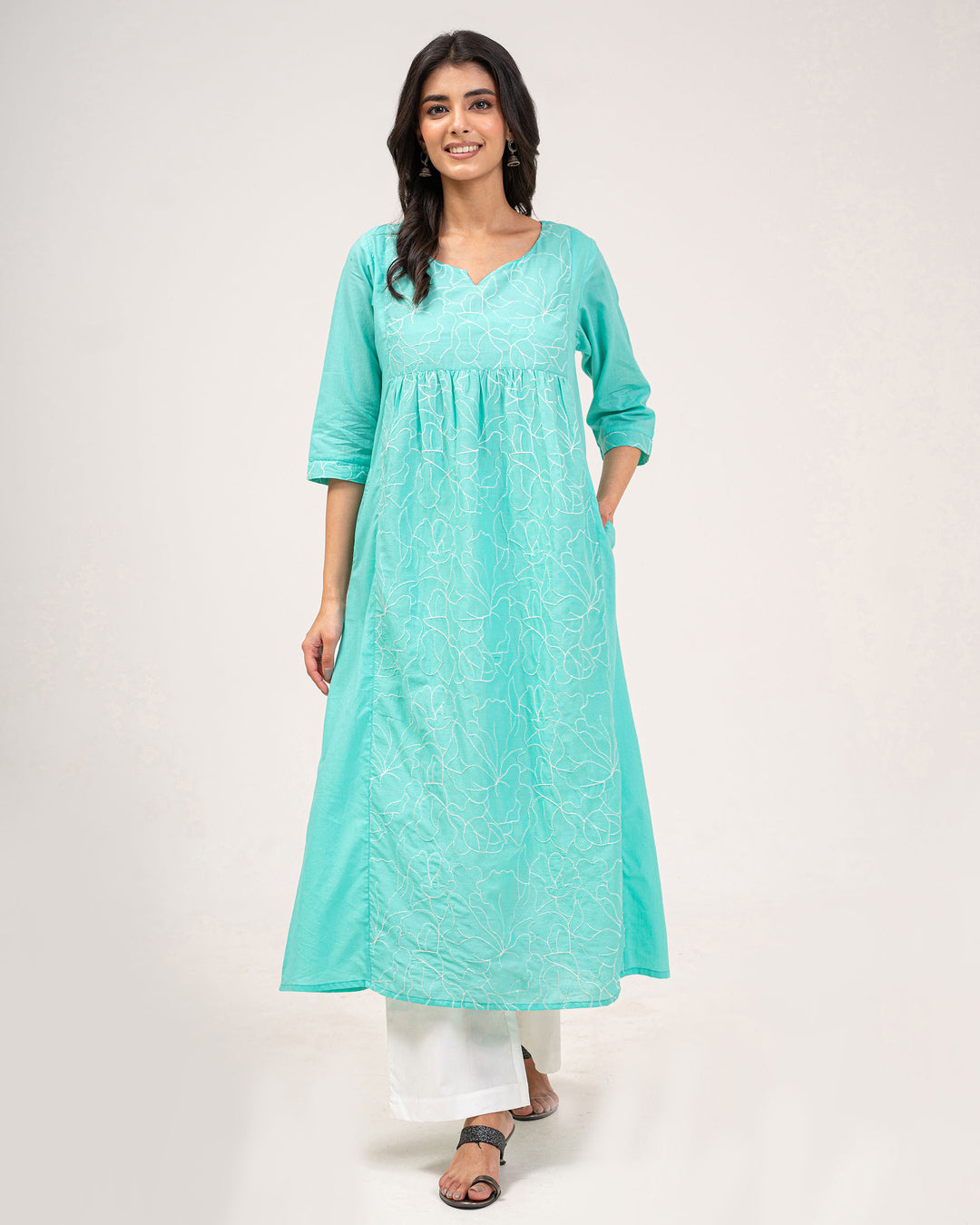 Mint Green Embroidered Pure Cotton Kurta