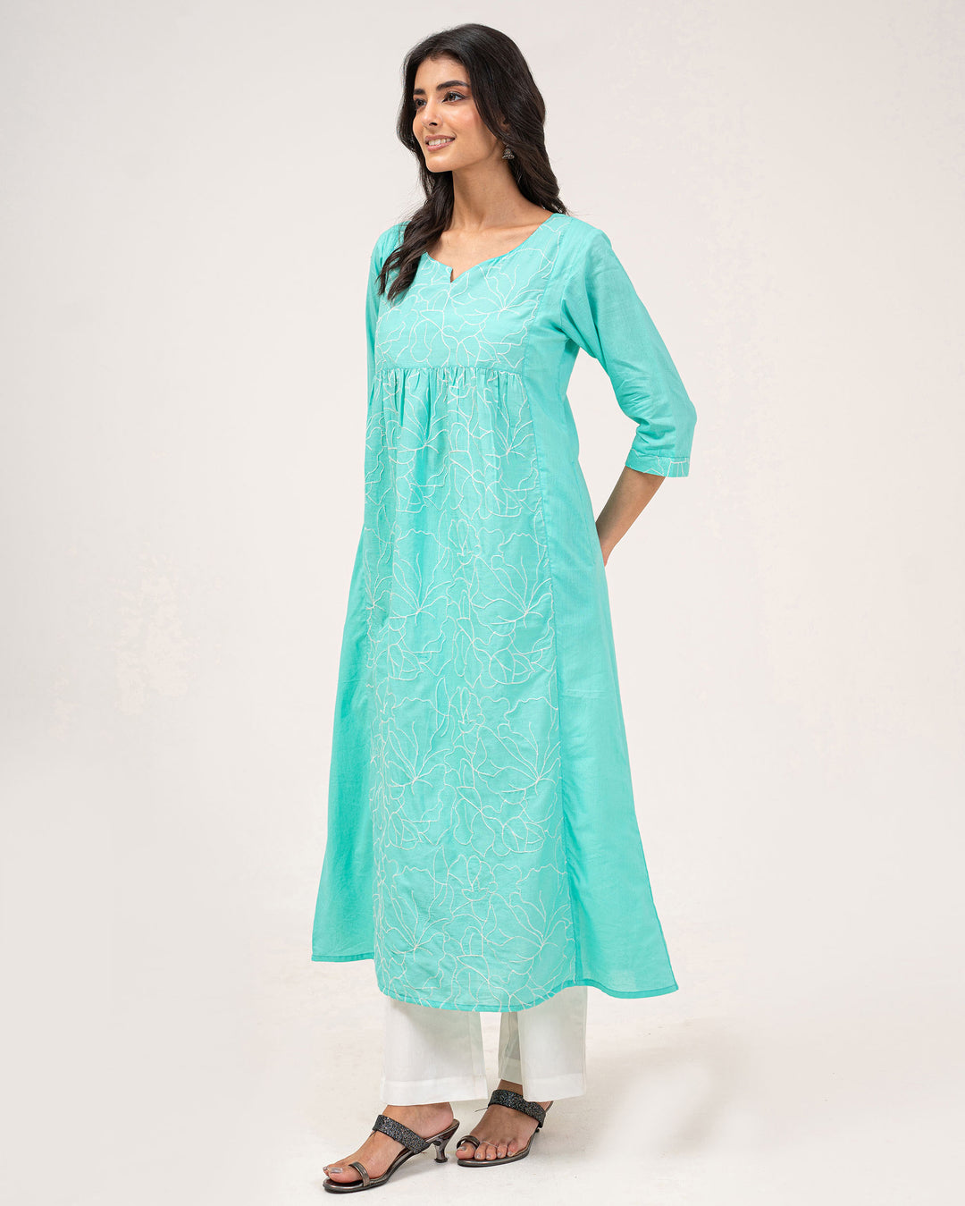 Mint Green Embroidered Pure Cotton Kurta