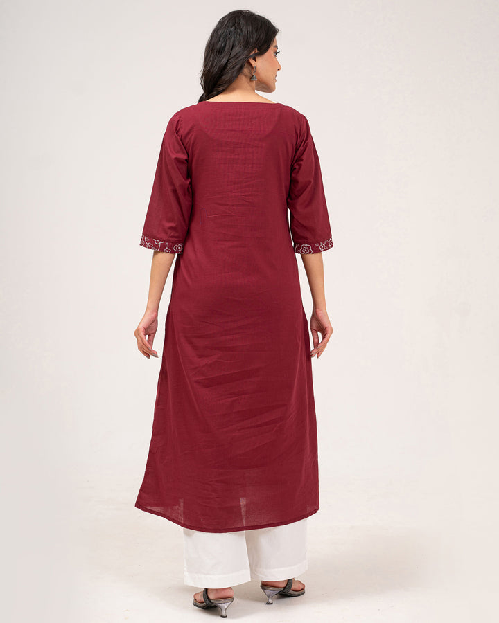 Maroon Embroidered Pure Cotton Kurta