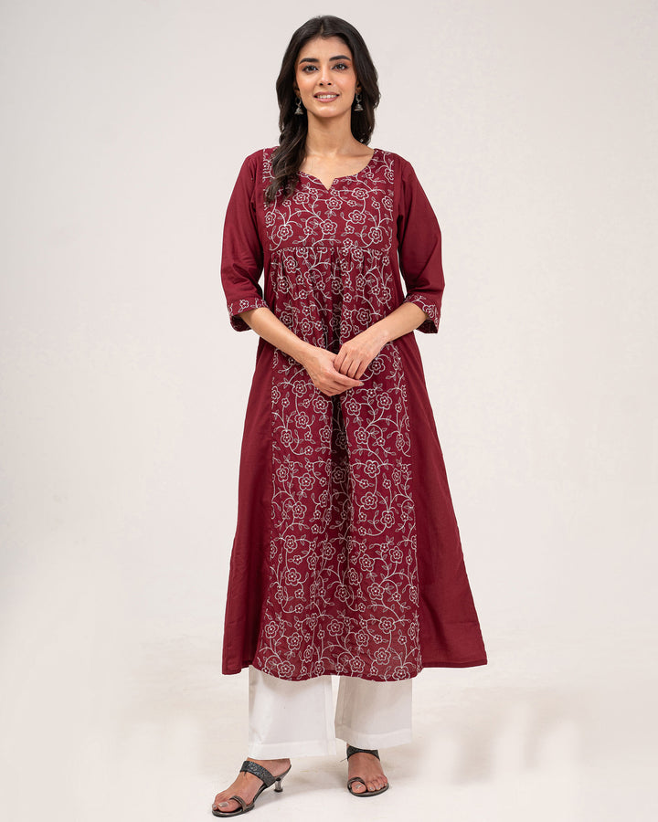Maroon Embroidered Pure Cotton Kurta