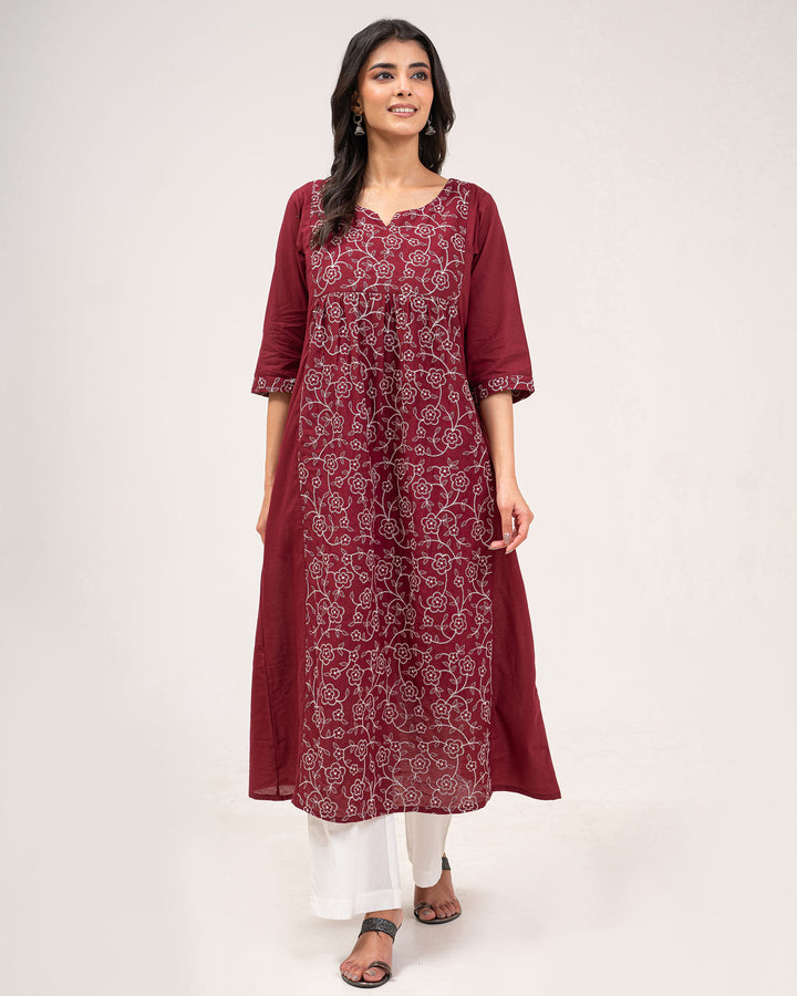 Maroon Embroidered Pure Cotton Kurta