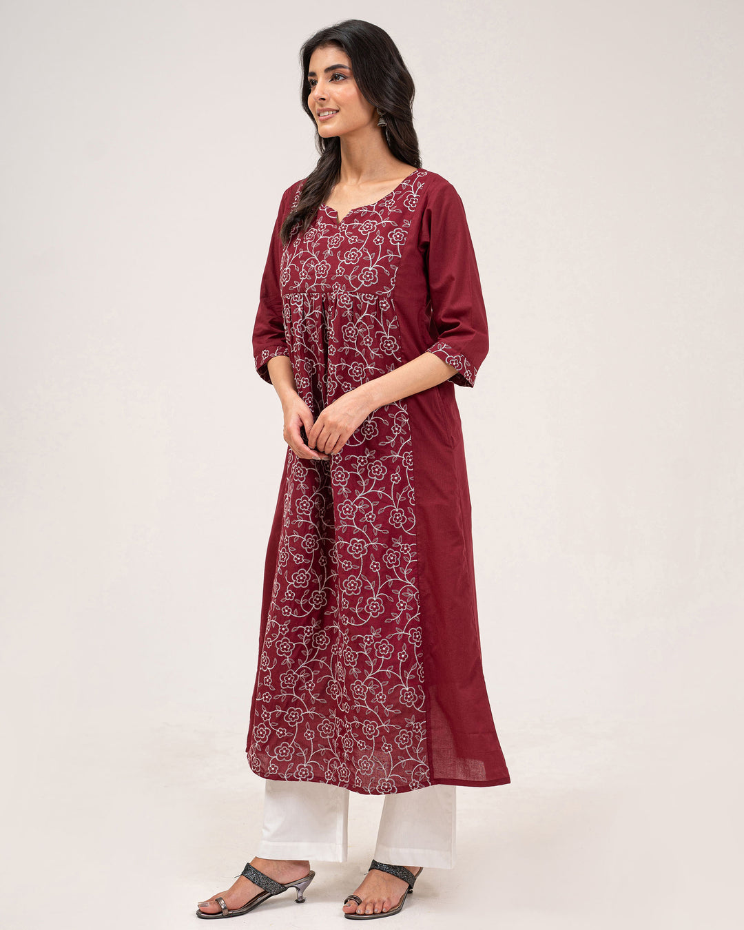 Maroon Embroidered Pure Cotton Kurta