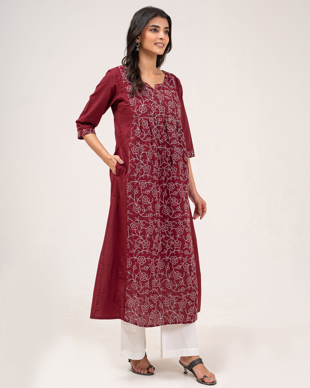 Maroon Embroidered Pure Cotton Kurta